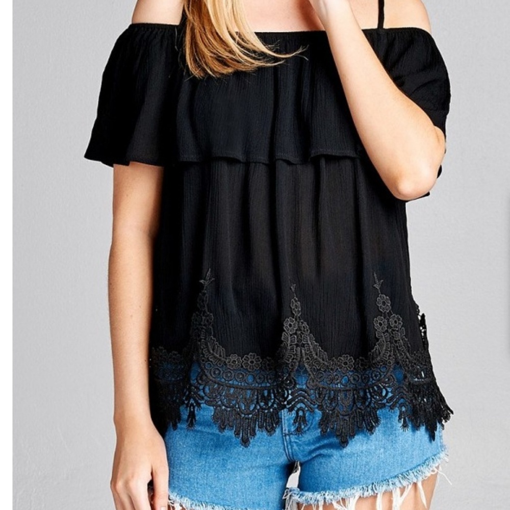 Black Crochet Hem Lace Top
